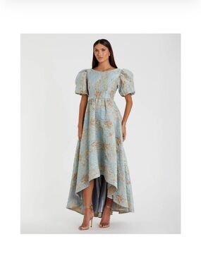 Mac Duggal Light Blue and Gold Puff-Sleeve High-Low Jacquard Gown